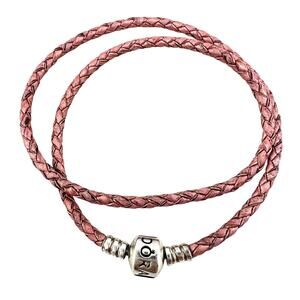 Pandora 925 Sterling Silver Pink Braided Leather Wrap Charm 15” Bracelet